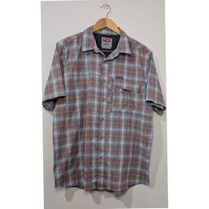 Wrangler Plaid Short Sleeve Button Up Shirt Men Blue Brown Classic Fit Large‎